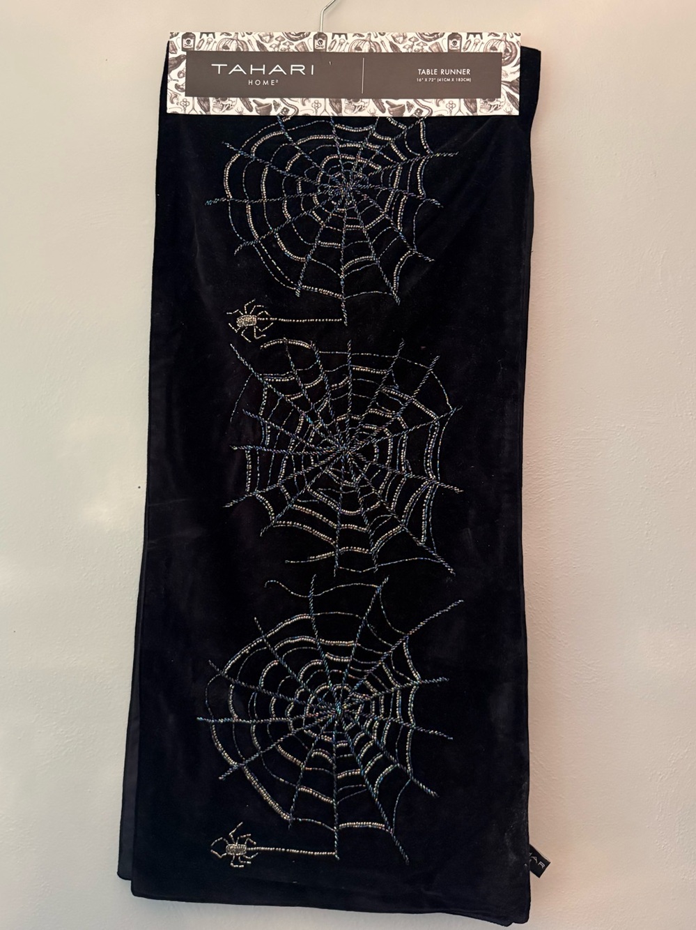 Tahari Black Velvet Table Runner with Beaded Spiderwebs